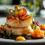 A beautifully plated gourmet dish featuring seared scallops, vibrant garnishes, and creative presentation for culinary enthusiasts.